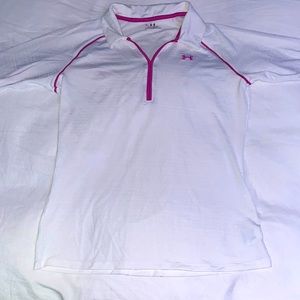 White and pink Under Armour golf shirt, heat gear.